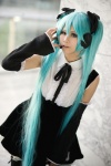 aqua_hair cosplay detached_sleeves hairbows hatsune_miku headset jumper project_diva ryuga thighhighs twintails vocaloid rating:Safe score:0 user:nil!