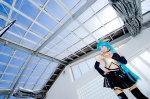 aqua_hair black_legwear cosplay croptop detached_sleeves hairbow hatsune_miku mashiro_yuki pleated_skirt ponytail project_diva skirt thighhighs vocaloid zettai_ryouiki rating:Safe score:0 user:nil!