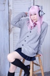 blouse cardigan cosplay headphones kneesocks mizuhashi_uri nitro_super_sonic pink_hair pleated_skirt skirt super_soniko tie rating:Safe score:0 user:pixymisa