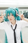 aqua_eyes aqua_hair blouse chica cosplay hatsune_miku headphones tie twintails vocaloid rating:Safe score:0 user:pixymisa