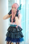 black_legwear cosplay dress gloves harumiya_yun headset magnet_(vocaloid) megurine_luka pantyhose pink_hair striped_legwear vocaloid rating:Safe score:1 user:nil!