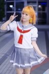 ahoge cosplay kneesocks love_live!_sunshine!! naru orange_hair pleated_skirt sailor_uniform school_uniform skirt skirt_lift takami_chika rating:Safe score:0 user:nil!