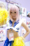 cheerleader_uniform cosplay croptop headphones nitro_super_sonic pink_hair pleated_skirt pom_poms skirt super_soniko tachibana_remika rating:Safe score:0 user:nil!