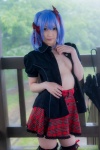 blouse blue_hair bonnet bow cleavage cosplay croptop lenfried miniskirt open_clothes remilia_scarlet skirt thighhighs touhou wings zettai_ryouiki rating:Safe score:2 user:nil!