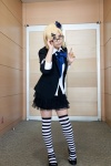 blazer blonde_hair blouse cosplay glare_(vocaloid) glasses hair_clips kagamine_rin looking_over_glasses miniskirt skirt striped striped_socks thighhighs tie vocaloid yapa zettai_ryouiki rating:Safe score:3 user:pixymisa