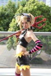 blonde_hair collar cosplay croptop detached_sleeves head_wings kagamine_len michiko pitchfork pretty_panties_akuma_rin_(vocaloid) shorts spikes striped tail thighhighs vocaloid rating:Safe score:0 user:pixymisa