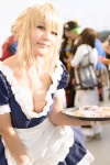 apron blonde_hair cleavage cosplay crinoline fate/series fate/stay_night kasumi_siro maid maid_uniform saber serving_tray wristband rating:Safe score:3 user:pixymisa