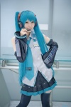 aqua_hair blouse cosplay detached_sleeves hatsune_miku headset pleated_skirt rinami skirt thighhighs tie twintails vocaloid zettai_ryouiki rating:Safe score:0 user:pixymisa
