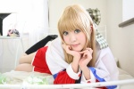 bed blonde_hair cosplay hairbow kanon_(series) kneesocks kurata_sayuri school_uniform tsugihagi_mishin rating:Safe score:0 user:nil!