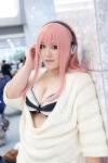 bikini_top cleavage cosplay headphones nitro_super_sonic pink_hair saeki_rinri striped super_soniko sweater swimsuit rating:Safe score:0 user:pixymisa