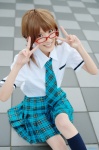 ahoge akizuki_ritsuko blouse chamaro cosplay glasses idolmaster kneesocks pantyhose pleated_skirt school_uniform sheer_legwear skirt tie twin_braids rating:Safe score:1 user:nil!