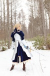 armor blonde_hair blouse boots braid cosplay fate/series fate/stay_night gauntlets kamui_arisa red_moon saber skirt sword rating:Safe score:0 user:nil!