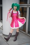 boots bow cosplay dress green_hair macross macross_frontier microphone miki necklace ranka_lee red_eyes ribbons skirt skirt_lift twintails vest rating:Safe score:1 user:pixymisa