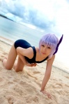 ayane_(doa) beach cleavage cosplay dead_or_alive headband ocean one-piece_swimsuit purple_hair school_swimsuit swimsuit tachibana_minami rating:Safe score:0 user:nil!