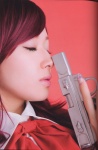 aya_rie blouse cosplay gun kirijou_mitsuru megami_tensei persona persona_3 pistol red_hair school_uniform seiyuu_joke tanaka_rie rating:Safe score:2 user:nil!