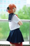 cosplay gintama glasses hair_bun kagura natsuka orange_hair pleated_skirt sailor_uniform school_uniform shorts skirt rating:Safe score:0 user:nil!