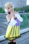 blonde_hair colorful_x_melody_(vocaloid) cosplay detached_sleeves dress ear_muffs kagamine_rin makoko microphone project_diva thighhighs vocaloid zettai_ryouiki rating:Safe score:1 user:nil!