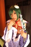 blouse bound cosplay detached_sleeves green_hair hanamura_misaki kochiya_sanae miko open_clothes rope skirt skirt_lift touhou touhou_kinbauchou rating:Safe score:0 user:nil!