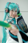 aqua_hair blouse chacha cosplay default_costume detached_sleeves hatsune_miku headset negi tie twintails vocaloid rating:Safe score:0 user:nil!