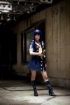 blue_hair boots cosplay hagihara_shiogi hairbows katana miniskirt momose_riyu sailor_uniform school_uniform skirt sword zaregoto_series rating:Safe score:1 user:nil!