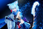 animal_ears aqua_hair armor bow breastplate cat_ears cosplay ely elysion faulds gloves scarf shinon_(sao) sword_art_online yukata rating:Safe score:0 user:nil!