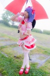blouse blue_hair bonnet bow cosplay croptop half_skirt_open_front lenfried rain remilia_scarlet tail tail_plug thighhighs touhou umbrella wings rating:Safe score:1 user:nil!