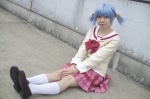 blouse blue_hair cosplay kneesocks naganohara_mio nanahara_mai nichijou pleated_skirt scarf school_uniform skirt twintails rating:Safe score:0 user:pixymisa