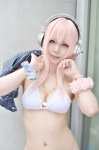 bikini_top cleavage cosplay headphones momokawa_hina nitro_super_sonic pink_hair super_soniko swimsuit rating:Safe score:1 user:nil!