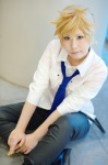 blonde_hair boots cosplay crossplay dress_shirt hatomune headset kagamine_len tie trousers vocaloid world_is_mine_(vocaloid) rating:Safe score:0 user:nil!