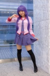 bakemonogatari blouse cosplay mochizuki_miuna pleated_skirt purple_hair school_uniform senjougahara_hitagi skirt skirt_lift thighhighs tie zettai_ryouiki rating:Safe score:1 user:pixymisa