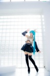 aqua_hair black_legwear cosplay croptop detached_sleeves hairbow hatsune_miku mashiro_yuki pleated_skirt ponytail project_diva skirt thighhighs vocaloid zettai_ryouiki rating:Safe score:0 user:nil!