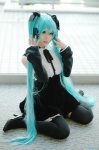 aqua_hair blouse cosplay detached_sleeves hairbows hatsune_miku headset jumper project_diva ryuga thighhighs twintails vocaloid zettai_ryouiki rating:Safe score:3 user:nil!