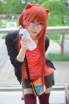 bottle cosplay glasses hair_pods hair_ties looking_over_glasses neon_genesis_evangelion red_hair shorts soryu_asuka_langley thighhighs track_jacket tshirt twintails yaya rating:Safe score:1 user:pixymisa