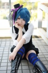 blouse blue_hair boots cosplay original saori shorts striped thighhighs top_hat vest rating:Safe score:1 user:nil!
