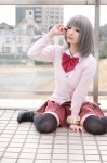 blouse cardigan cosplay makise_anji original pleated_skirt school_uniform silver_hair skirt thighhighs zettai_ryouiki rating:Safe score:4 user:xkaras