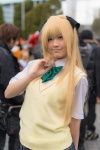 blonde_hair blouse bowtie cosplay golden_darkness hairbow pleated_skirt popuri skirt sweater to_love-ru rating:Safe score:0 user:pixymisa