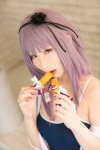 atsuki cosplay dagashi_biyori dagashi_kashi hairband hoodie one-piece_swimsuit pool purple_hair shidare_hotaru swimsuit rating:Safe score:0 user:nil!