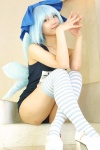blue_hair cirno cosplay hairbow lenfried one-piece_swimsuit school_swimsuit striped swimsuit thighhighs touhou wings rating:Safe score:2 user:nil!