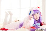 bed cosplay dress hat patchouli_knowledge purple_hair robe saku sweet_garden thighhighs touhou rating:Safe score:0 user:nil!