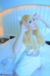 bed blonde_hair cape cosplay deep_rabbit dress macross macross_frontier macross_frontier:_itsuwari_no_utahime saku sheryl_nome thighhighs zettai_ryouiki rating:Safe score:0 user:nil!