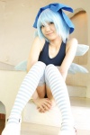 blue_hair cirno cosplay hairbow lenfried one-piece_swimsuit school_swimsuit striped swimsuit thighhighs touhou wings rating:Safe score:1 user:nil!