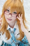 blonde_hair blouse cosplay glasses hoshii_miki idolmaster kei_(iii) looking_over_glasses pleated_skirt skirt tie rating:Safe score:0 user:pixymisa