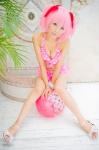 beach_ball bikini_top cleavage cosplay hair_ribbons kaname_madoka mashiro_yuki miniskirt pink_hair puella_magi_madoka_magica skirt swimsuit twintails rating:Safe score:2 user:nil!