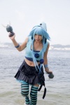 asakura_kana beach blue_hair cosplay croptop gundam msm-07_z'gok ocean pleated_skirt skirt striped tank_top thighhighs wet zettai_ryouiki rating:Safe score:2 user:nil!