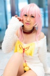 bow choker cosplay heterochromia k neko_(k) pantyhose pink_hair sheer_legwear subaru_(cosplayer) sweater rating:Safe score:1 user:pixymisa