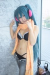 bikini blue_hair cleavage cosplay ear_muffs hatsune_miku headset jeans momoka_(ii) open_clothes scarf swimsuit twintails vocaloid rating:Safe score:1 user:nil!