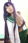 ashiya_noriko bra busujima_saeko busujima_saeko_no_eroi_toko cleavage cosplay highschool_of_the_dead open_clothes pleated_skirt purple_hair sailor_uniform school_uniform skirt rating:Safe score:1 user:nil!