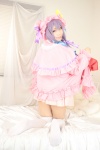 amatsuka_miyu bed blouse cosplay night_cap open_clothes patchouli_knowledge pleated_skirt purple_hair robe skirt thighhighs touhou zettai_ryouiki rating:Safe score:0 user:nil!