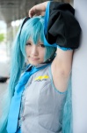 aqua_hair blouse cosplay detached_sleeves hatsune_miku headset sanaka tie twintails vocaloid rating:Safe score:0 user:pixymisa