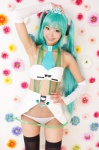 aqua_hair bikini cosplay detached_sleeves hatsune_miku necoco skirt swimsuit thighhighs twintails vocaloid rating:Safe score:4 user:nil!